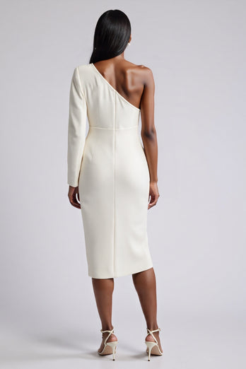 White Bodycon Satin Ruched Midi Work Dress with Flower