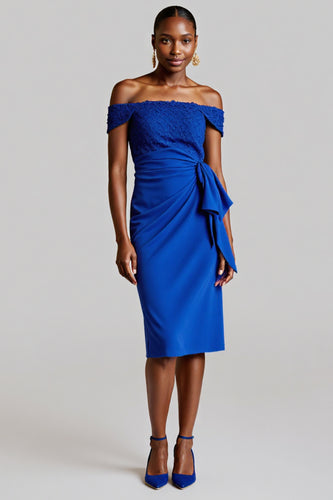 Royal Blue Bodycon Midi Tie Front Satin Work Dress with Lace