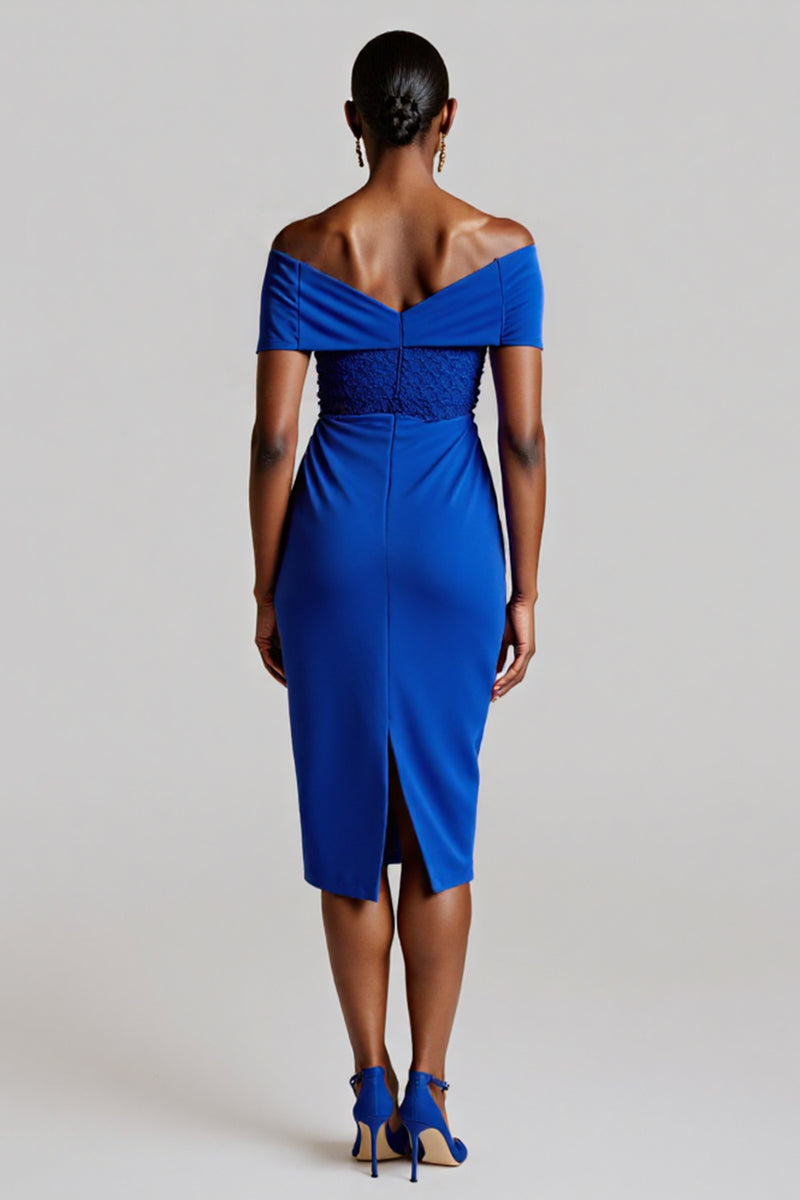 Load image into Gallery viewer, Royal Blue Bodycon Midi Tie Front Satin Work Dress with Lace