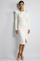 Load image into Gallery viewer, White Bodycon Long Sleeves Satin Midi Work Dress with Slit