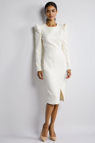 White Bodycon Long Sleeves Satin Midi Work Dress with Slit