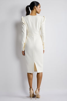 White Bodycon Long Sleeves Satin Midi Work Dress with Slit