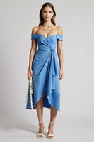 Load image into Gallery viewer, Blue Off the Shoulder Midi Work Dress with Ruffles