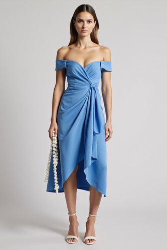 Blue Off the Shoulder Midi Work Dress with Ruffles