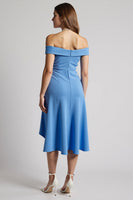 Load image into Gallery viewer, Blue Off the Shoulder Midi Work Dress with Ruffles