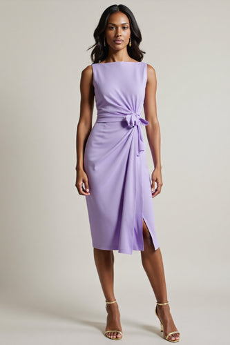 Purple Tie Front Ruched Bodycon Midi Work Dress with Slit