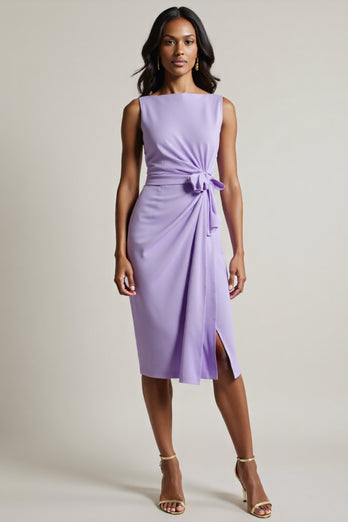 Purple Tie Front Ruched Bodycon Midi Work Dress with Slit