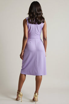 Purple Tie Front Ruched Bodycon Midi Work Dress with Slit