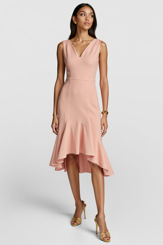 Blush V-Neck Midi Work Dress with Ruffles
