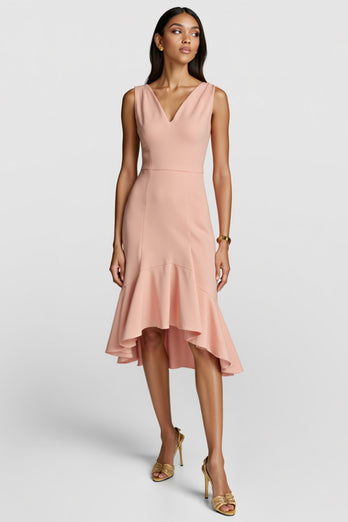 Blush V-Neck Midi Work Dress with Ruffles
