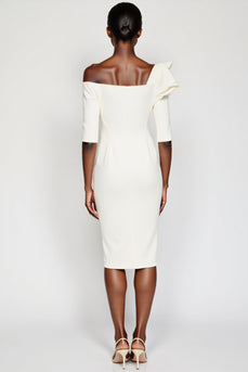 White One Shoulder Bodycon Long Sleeves Midi Work Dress with Ruffles