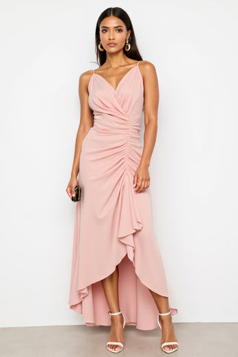 Blush Spaghetti Straps Sheath High-Low Work Dress with Ruffles