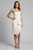 Load image into Gallery viewer, White Strapless Bodycon Ruffled Satin Midi Work Dress with Slit