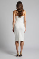 Load image into Gallery viewer, White Strapless Bodycon Ruffled Satin Midi Work Dress with Slit