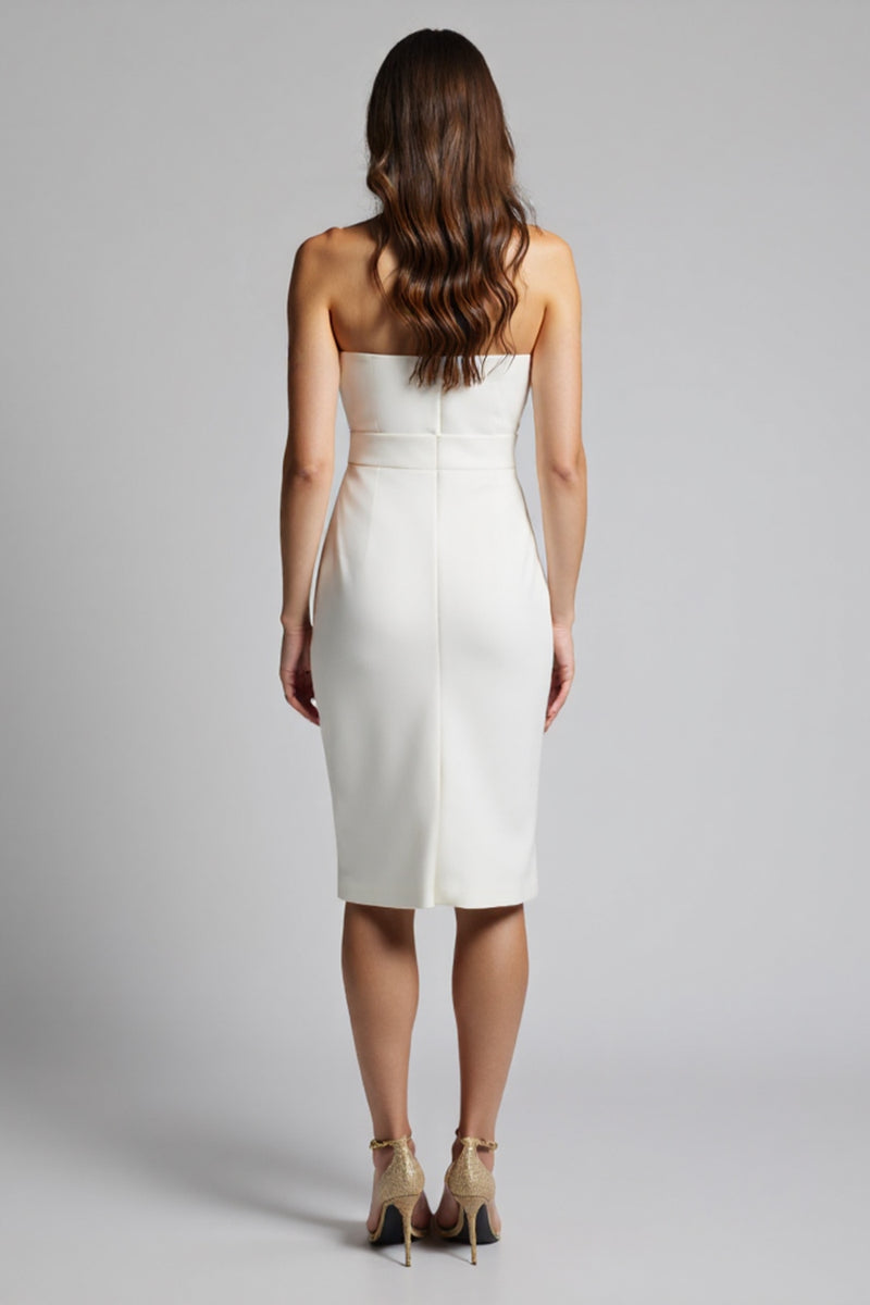 Load image into Gallery viewer, White Strapless Bodycon Ruffled Satin Midi Work Dress with Slit
