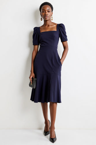 Navy A Line Satin Midi Work Dress with Pockets