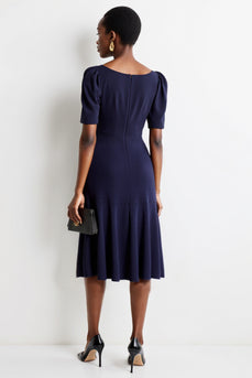 Navy A Line Satin Midi Work Dress with Pockets