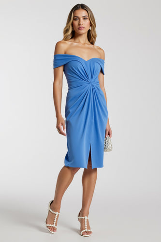 Blue Bodycon Satin Off the Shoulder Short Work Dress with Slit