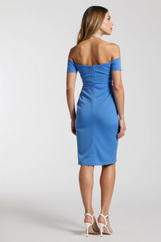 Blue Bodycon Satin Off the Shoulder Short Work Dress with Slit