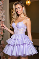 Load image into Gallery viewer, Lavender A Line Satin Corset Short Homecoming Dress with Appliques