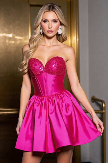Sparkly Fuchsia Satin Corset Sweetheart Short Homecoming Dress
