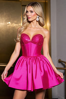 Load image into Gallery viewer, Sparkly Fuchsia Satin Corset Sweetheart Short Homecoming Dress