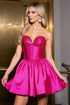 Sparkly Fuchsia Satin Corset Sweetheart Short Homecoming Dress