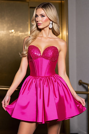 Sparkly Fuchsia Satin Corset Sweetheart Short Homecoming Dress
