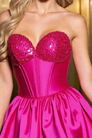 Load image into Gallery viewer, Sparkly Fuchsia Satin Corset Sweetheart Short Homecoming Dress