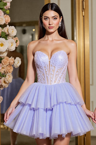 Lavender Tulle Corset A Line Short Homecoming Dress with Appliques