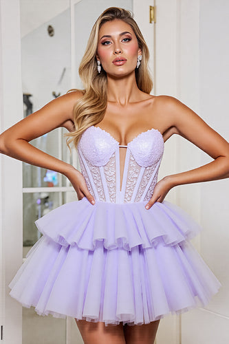 Lavender Corset Tulle A Line Strapless Short Homecoming Dress