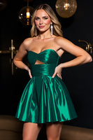 Load image into Gallery viewer, Dark GreenSatin  A Line Ruched Strapless Short Homecoming Dress