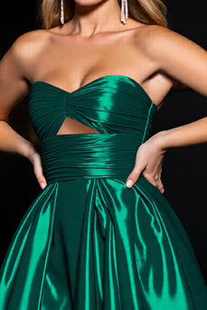 Dark GreenSatin  A Line Ruched Strapless Short Homecoming Dress