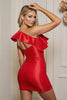 Load image into Gallery viewer, Red Bodycon One Shoulder Short Satin Homecoming Dress with Fringes