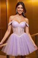 Load image into Gallery viewer, Lilac Corset Off the Shoulder A Line Short Tulle Homecoming Dress