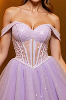 Load image into Gallery viewer, Lilac Corset Off the Shoulder A Line Short Tulle Homecoming Dress