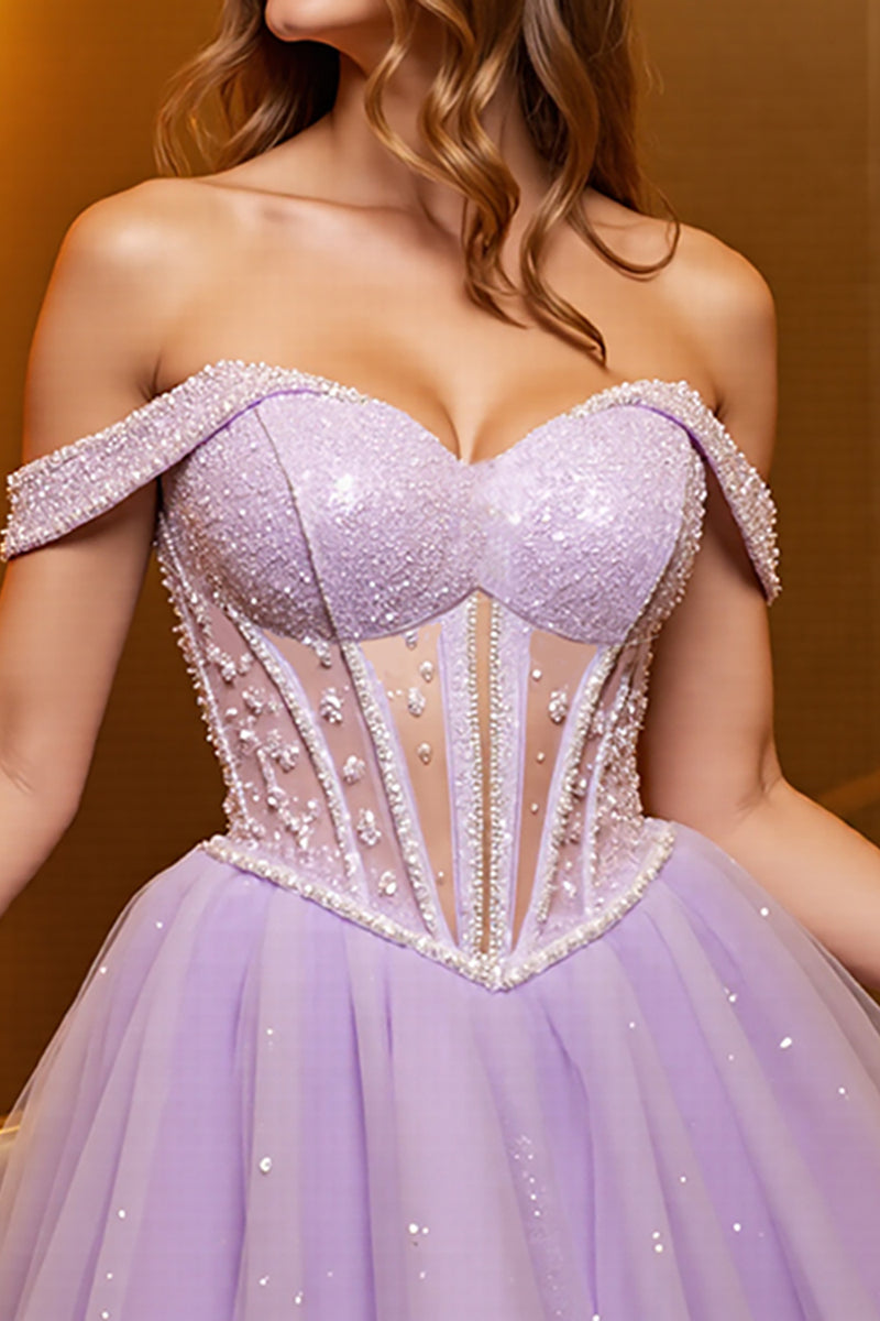Load image into Gallery viewer, Lilac Corset Off the Shoulder A Line Short Tulle Homecoming Dress
