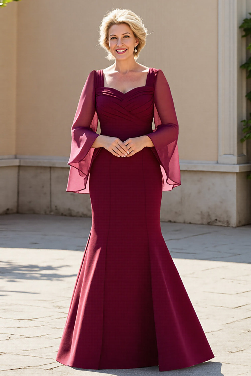Burgundy Satin Mermaid Long Mother of the Bride Dress