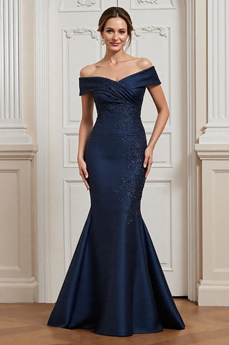 Navy Satin Mermaid Long Mother of the Bride Dress with Appliques