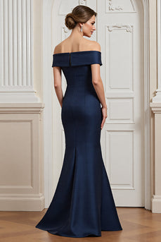 Navy Satin Mermaid Long Mother of the Bride Dress with Appliques