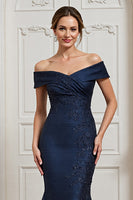Load image into Gallery viewer, Navy Satin Mermaid Long Mother of the Bride Dress with Appliques