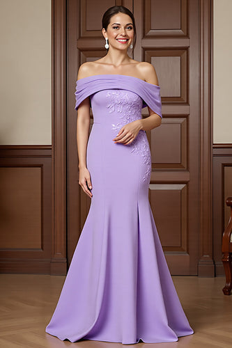 Lilac Satin Mermaid Long Mother of the Bride Dress with Appliques