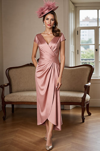 Dusty Rose Sheath Satin V-Neck Long Mother of the Bride Dress
