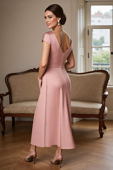 Dusty Rose Sheath Satin V-Neck Long Mother of the Bride Dress