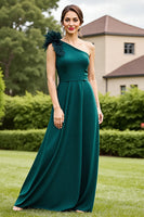 Load image into Gallery viewer, Pine Satin A Line Long Mother of the Bride Dress with Ruffles