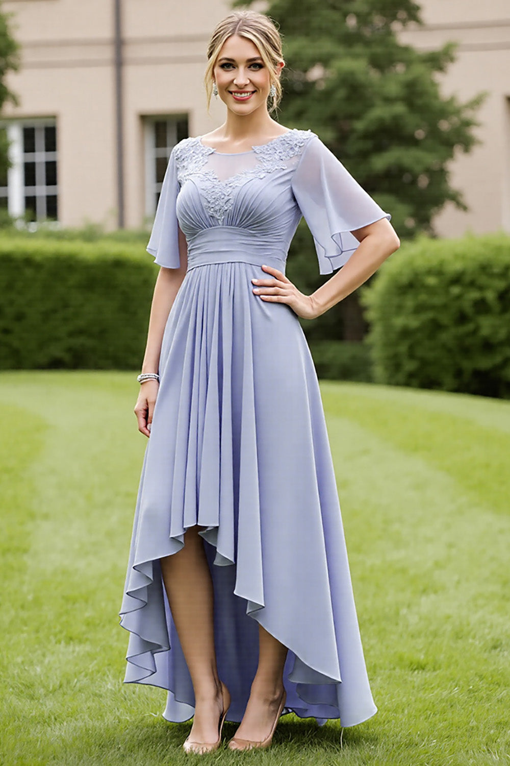 Grey Blue Chiffon A Line Long Mother of the Bride Dress with Appliques