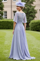 Load image into Gallery viewer, Grey Blue Chiffon A Line Long Mother of the Bride Dress with Appliques