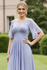 Load image into Gallery viewer, Grey Blue Chiffon A Line Long Mother of the Bride Dress with Appliques