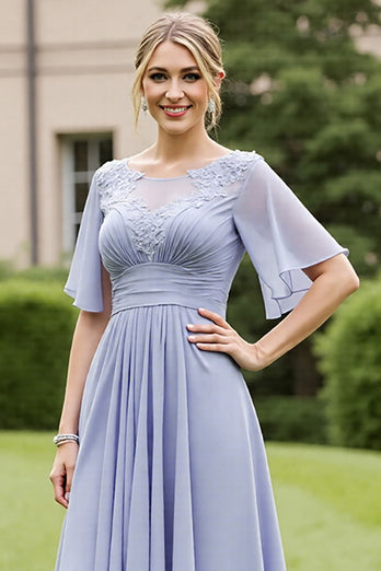 Grey Blue Chiffon A Line Long Mother of the Bride Dress with Appliques