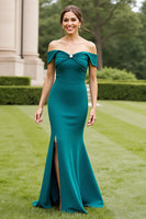 Load image into Gallery viewer, Peacock Green Satin Long Mother of the Bride Dress with Slit
